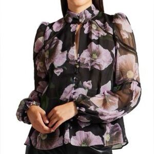 TED BAKER Theera Ladder Trim Blouse Black and Purple Floral Blouse Flowy Sheer 4